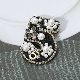 Felt Back Pearl Enamel Flower Embellished Tweed Number Five Pin Brooch