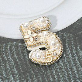 Felt Back Pearl Enamel Flower Embellished Tweed Number Five Pin Brooch