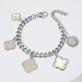 14K Gold Plated CZ Stone Paved Mother of Pearl Quatrefoil Charm Station Bracelet