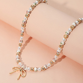 Metal Bow Pendant Ceramic Pearl Metal Ball Beaded Necklace