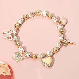 Enamel Bow Metal Heart Flower Charm Ceramic Ball Beaded Stretch Bracelet