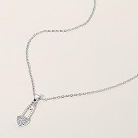 Stainless Steel Stone Paved Heart Safety Pin Pendant Necklace