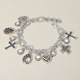 Antique Metal Cross Teardrop Heart Stone Charm Station Bracelet