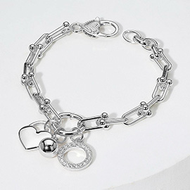 14K Gold Plated CZ Stone Paved Ball Heart Charm Pointed Hardware Chain Link Bracelet