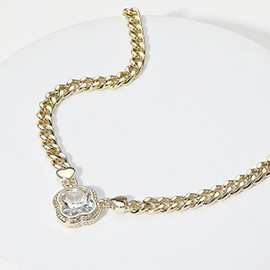 14K Gold Plated CZ Quatrefoil Pendant Pointed Chain Necklace