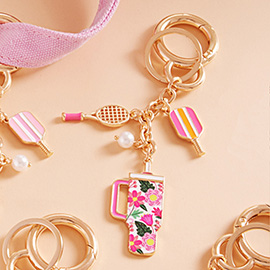 Enamel Pickleball Paddle Floral Pattern Tumbler Back Engraved Keychain Bag Charm