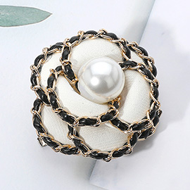 Pearl Pointed Faux Leather Chain Trim Tweed Flower Pin Brooch Hair Clip