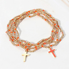 5PCS - Cross Charm Pointed Seed Beaded Stretch Multi Layered Bracelets