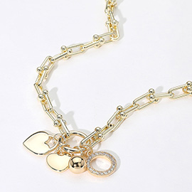 14K Gold Plated CZ Stone Paved Circle Ball Heart Charm Pendant Industrial Chain Necklace