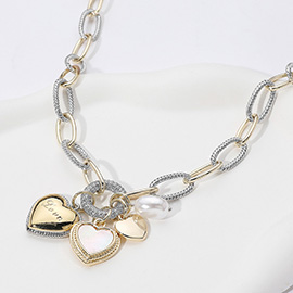 Two Tone 14K Gold Plated CZ Stone Paved Ring LOVE Message Engraved Mother of Pearl Heart Pearl Charm Pendant Necklace