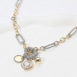 Two Tone 14K Gold Plated CZ Stone Paved Heart Ring Disc Ball Quatrefoil Stone Cluster Charm Pendant Necklace