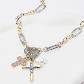 Two Tone 14K Gold Plated CZ Stone Paved Heart Ring Cross Pearl Charm Pendant Necklace