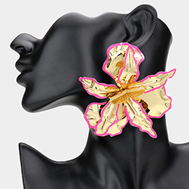 Oversized Enamel Painted Rim Hammered Metal Flower Earrings