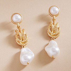 Metal Knot Pointed Pearl Link Drop Earrings