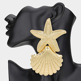 Oversized Textured Metal Starfish Sea Shell Link Earrings