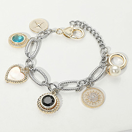 14K Gold Plated Two Tone Mother of Pearl Heart Pearl Color CZ Stone Charm Station Bracelet