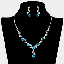 Colored Rose Flower Marquise Stone Cluster Link Rhinestone Paved Necklace