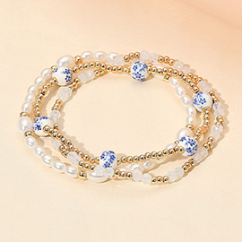 3PCS - Floral Ceramic Ball Pearl Beaded Stretch Multi Layered Bracelets