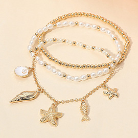 3PCS - Sea Shell Starfish Fish Charm Pearl Metal Ball Beaded Stretch Multi Layered Bracelets
