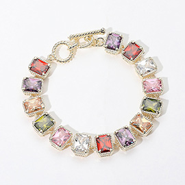 14K Gold Plated CZ Emerald Cut Stone Cluster Link Evening Toggle Bracelet