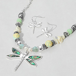 Abalone Dragonfly Pendant Multi Beaded Necklace