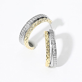14K Gold Plated Two Tone CZ Stone Paved Crisscross Braided Hoop Earrings