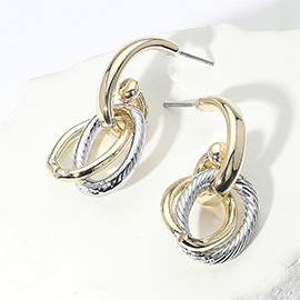 14K Gold Plated Two Tone Textured Metal Interlocking Hoop Drop Earrings