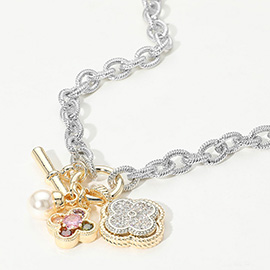 14K Gold Plated Two Tone CZ Stone Paved Quatrefoil Pearl Charm Pendant Necklace