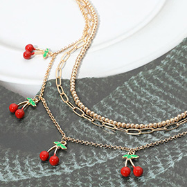 Enamel Cherry Charm Station Layered Necklace