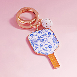 Enamel Floral Pattern Pickleball Paddle Keychain / Bag Charm