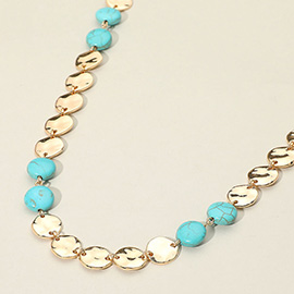 Turquoise Stone Hammered Metal Disc Link Necklace