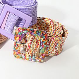 Resin Square Buckle Accent Raffia Adjustable Belt