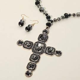 Stone Pearl Embellished Cluster Cross Pendant Faceted Beaded Long Necklace