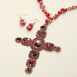 Stone Pearl Embellished Cluster Cross Pendant Faceted Beaded Long Necklace