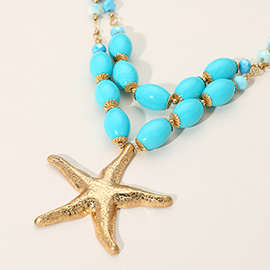 Textured Metal Starfish Pendant Stone Beaded Statement Necklace