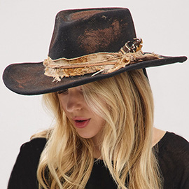 Vintage Feather Accent Distressed Fabric Bow Band Western Rustic Cowgirl Fedora Hat