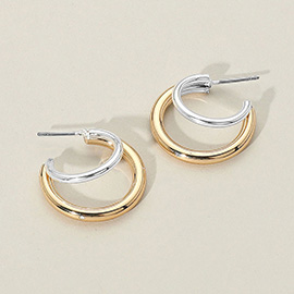 Two Tone Metal Open Crescent Hoop Earrings