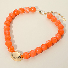 Polished Metal Bean Accent Bold Marbled Ball Beaded Statement Necklace