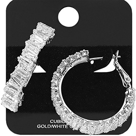 White Gold Dipped Full Baguette CZ Stone Around Evening Hoop Earrings