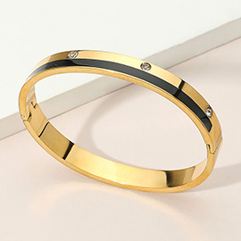 Stainless Steel Enamel Inlay CZ Stone Accents Hinged Bangle Bracelet