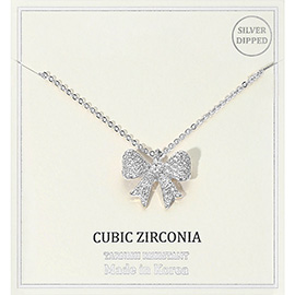 Silver Dipped CZ Stone Paved Bow Pendant Necklace