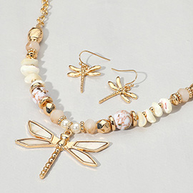 Mother of Pearl Dragonfly Pendant Multi Beaded Necklace