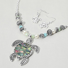 Abalone Turtle Pendant Multi Beaded Necklace