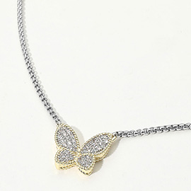14K Gold Plated Two Tone CZ Stone Paved Butterfly Pendant Necklace