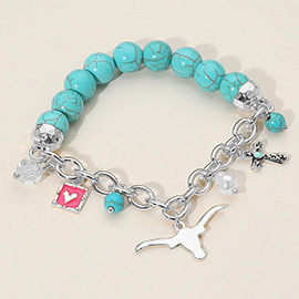 SECRET BOX_Western Steer Head Cross Heart Pearl Charm Beaded Stretch Bracelet