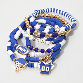 7PCS - Football Charm Star GAME DAY Message Heishi Beaded Stretch Multi Layered Bracelets