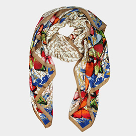 Butterfly Pattern Printed Oblong Silky Satin Scarf Shawl