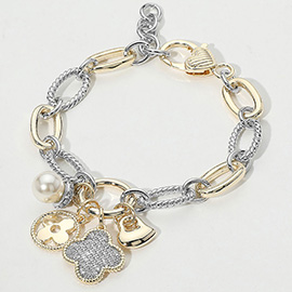 14K Gold Plated Two Tone CZ Stone Paved Quatrefoil Heart Pearl Charm Accent Bracelet