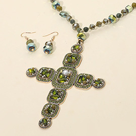 Stone Pearl Embellished Cluster Cross Pendant Faceted Beaded Long Necklace