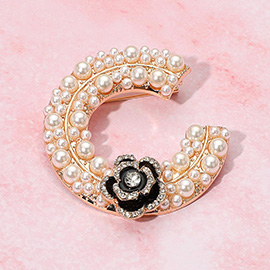 Floral Accent Pearl Embellished Letter C Pin Brooch